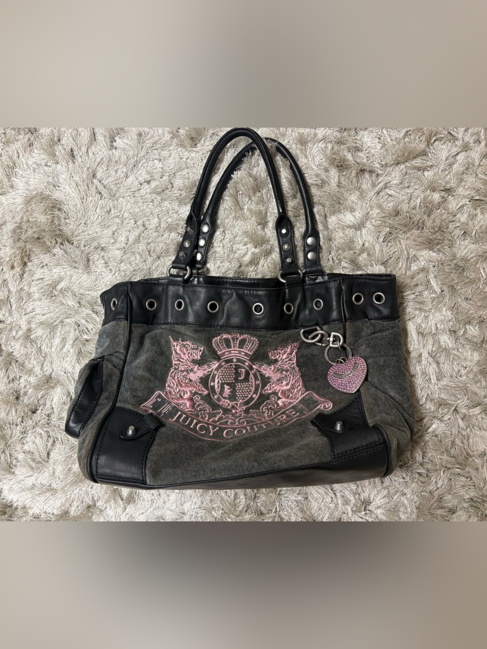 AS-IS Juicy Couture Gray & Black Shoulder Bag with Pink Crest